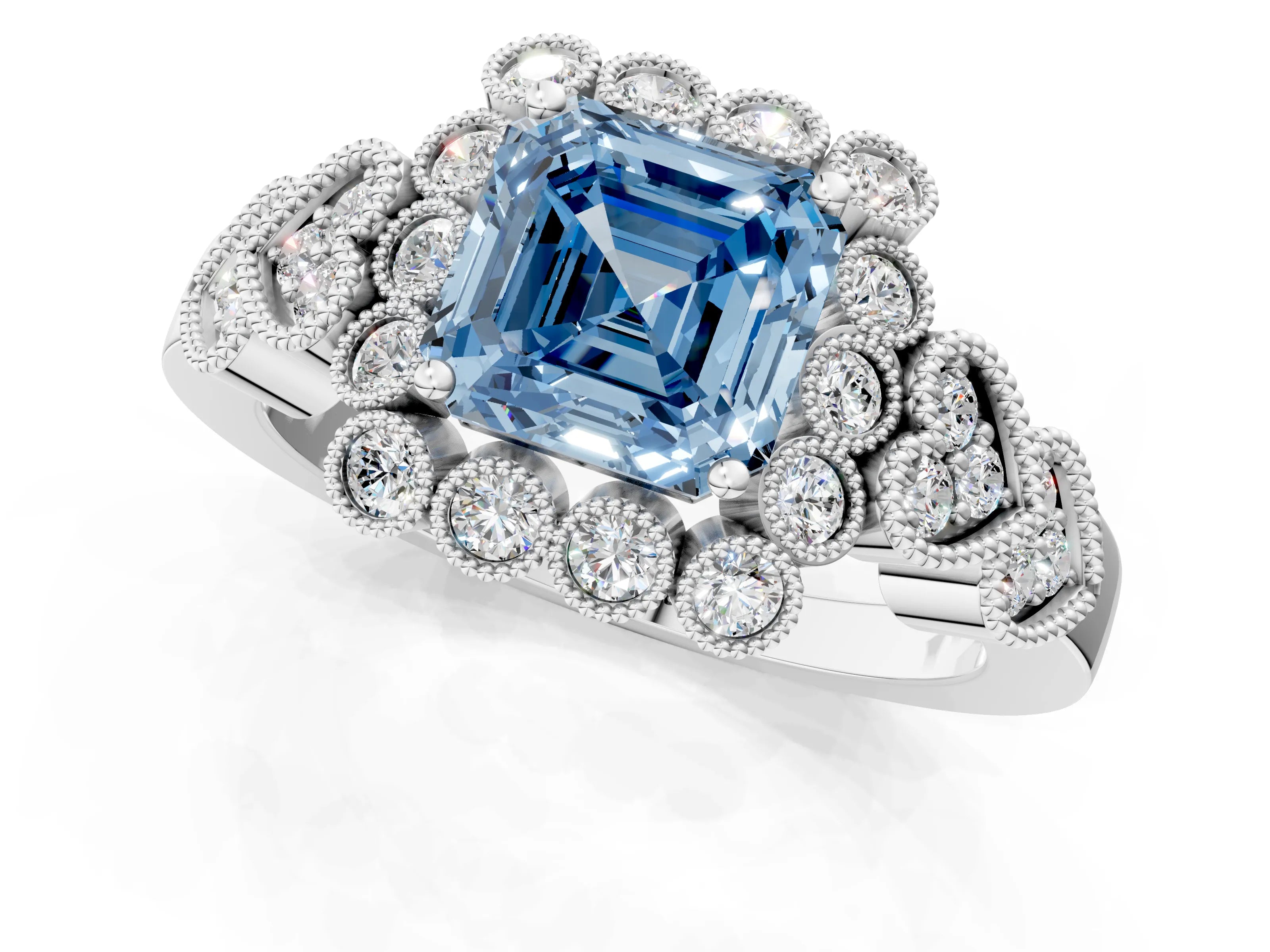 White gold Fancy Blue Asscher Cut Brilliant Milgrain Pave Heart Band Solitaire Ring_13
