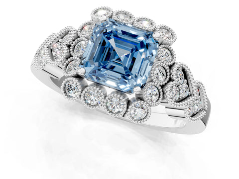 White gold Fancy Blue Asscher Cut Brilliant Milgrain Pave Heart Band Solitaire Ring_13