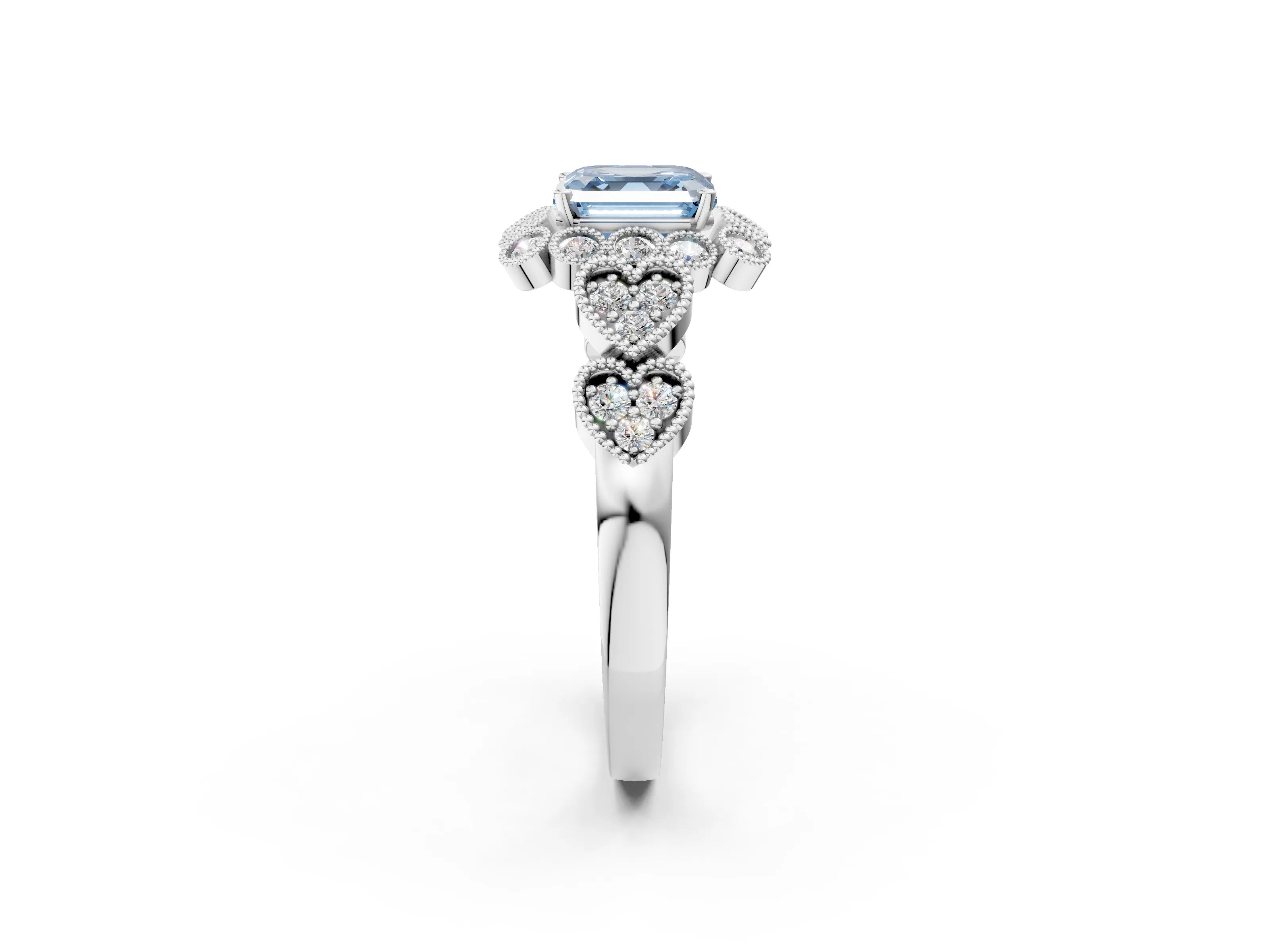 White gold Fancy Blue Asscher Cut Brilliant Milgrain Pave Heart Band Solitaire Ring_14