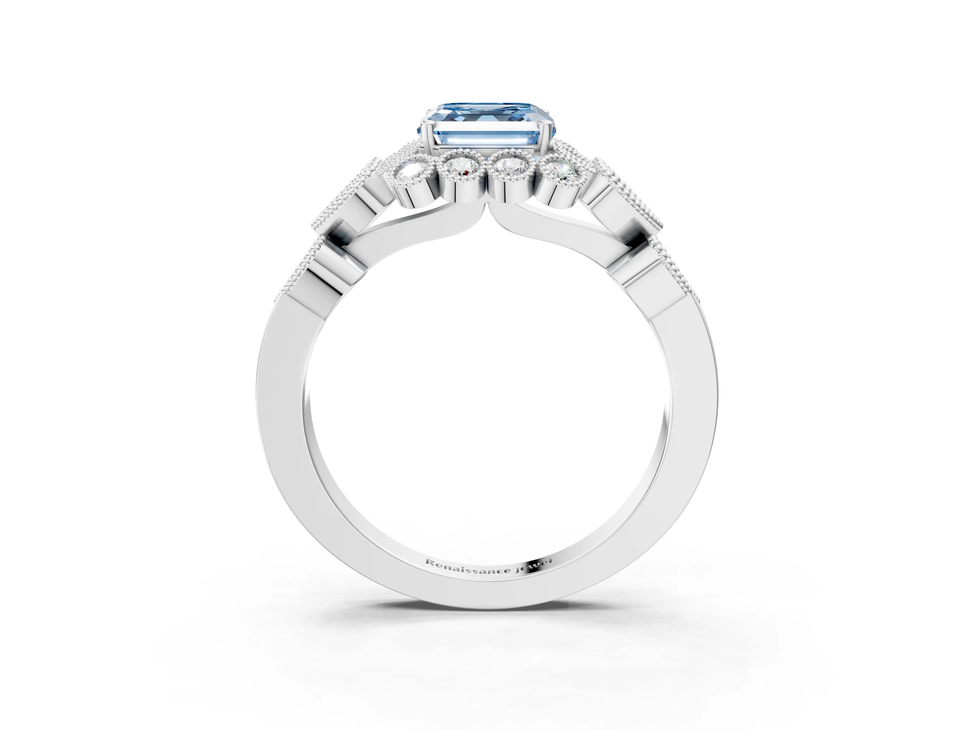 White gold Fancy Blue Asscher Cut Brilliant Milgrain Pave Heart Band Solitaire Ring_15