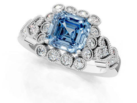White gold Fancy Blue Asscher Cut Brilliant Milgrain Pave Heart Band Solitaire Ring_1