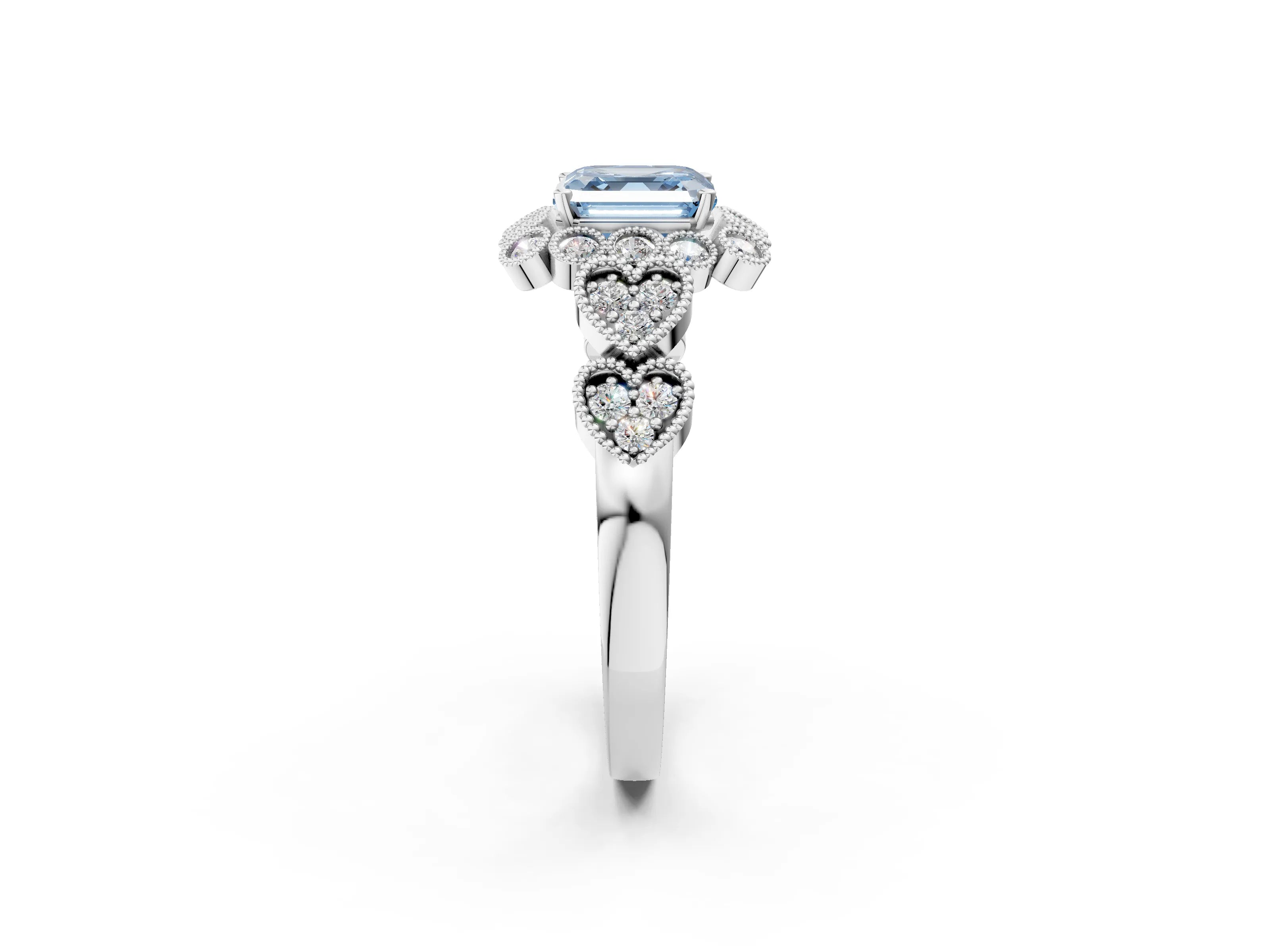 White gold Fancy Blue Asscher Cut Brilliant Milgrain Pave Heart Band Solitaire Ring_2