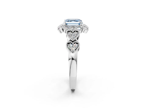 White gold Fancy Blue Asscher Cut Brilliant Milgrain Pave Heart Band Solitaire Ring_2