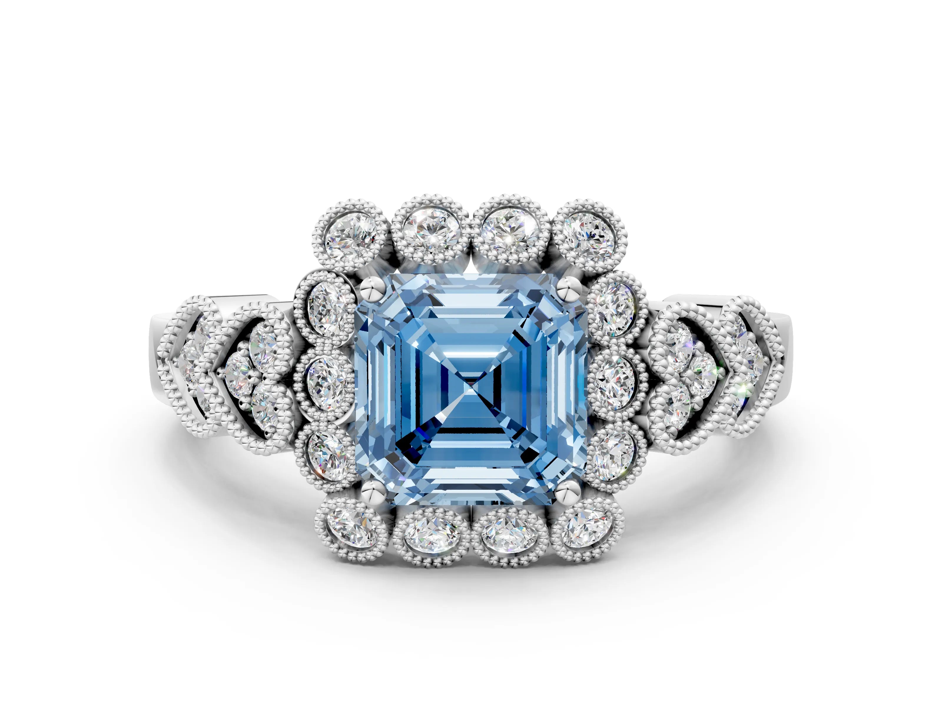 White gold Fancy Blue Asscher Cut Brilliant Milgrain Pave Heart Band Solitaire Ring