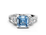 White gold Fancy Blue Asscher Cut Brilliant Three-Stone Diamond Ring with Pavé Band and Four-Prong Setting_15