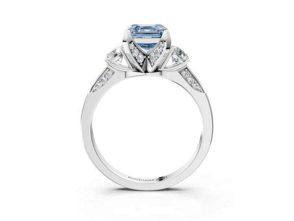 Platinum Asscher Cut Three Stone Hidden Halo Engagement Ring Setting for Fancy Blue Center
