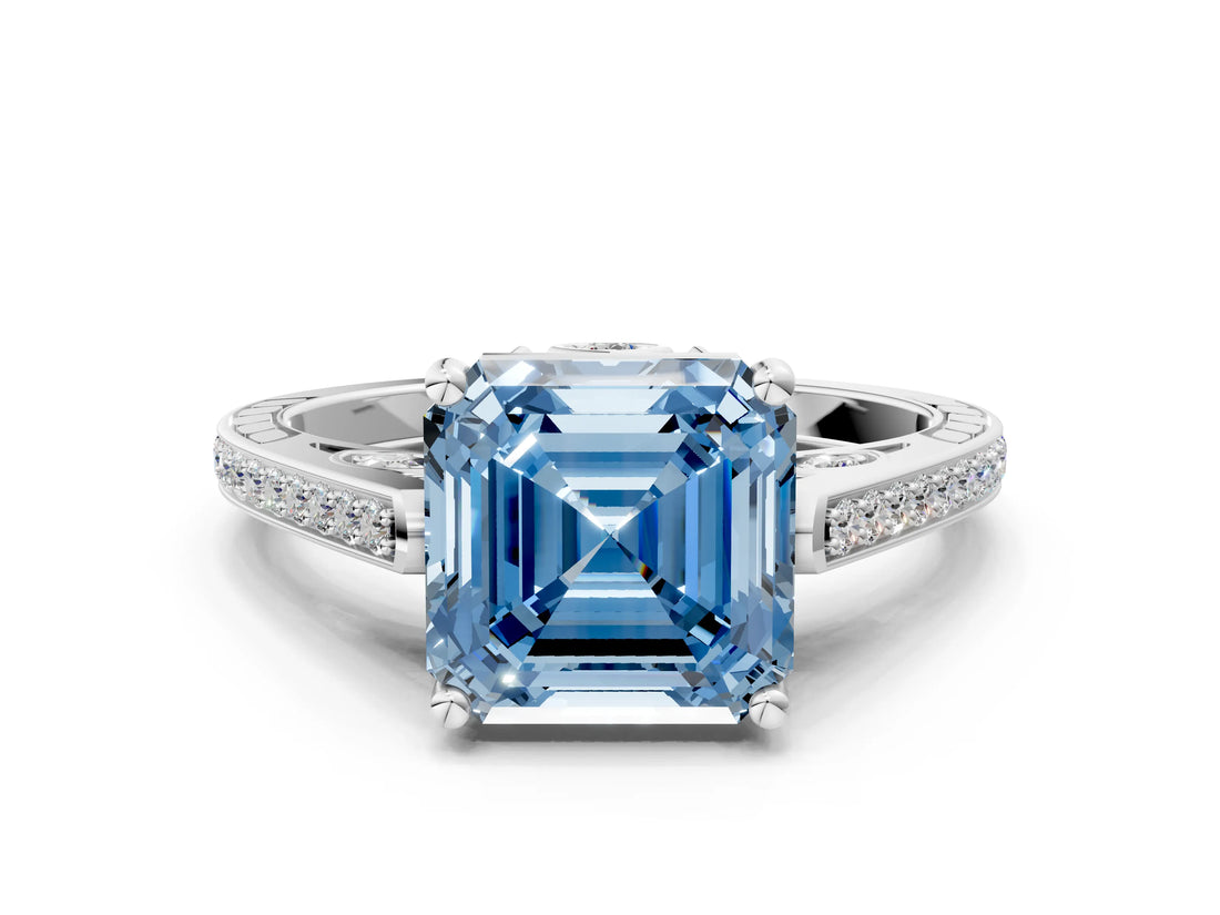 White gold Fancy Blue Asscher  Cut Cathedral Pave Diamond Engagement Ring with Six-Prong Setting_32