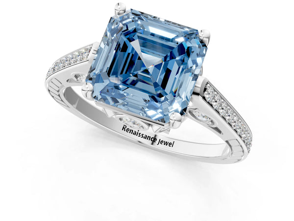 Platinum Asscher Cut Cathedral Engagement Ring Setting for Fancy Blue Center with Pave Shoulders