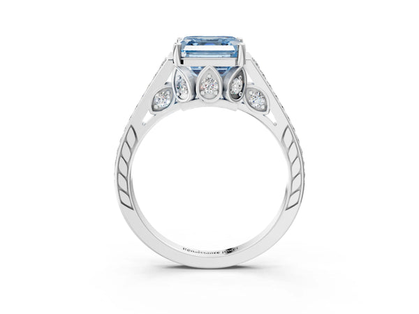 Platinum Asscher Cut Cathedral Engagement Ring Setting for Fancy Blue Center with Pave Shoulders