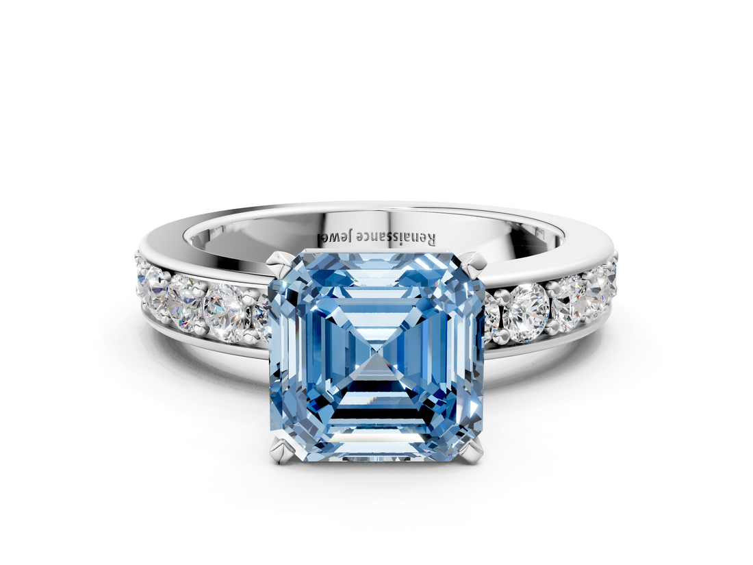 White gold Fancy Blue Asscher  Cut Channel Set Diamond Engagement Ring with Four-Prong Setting