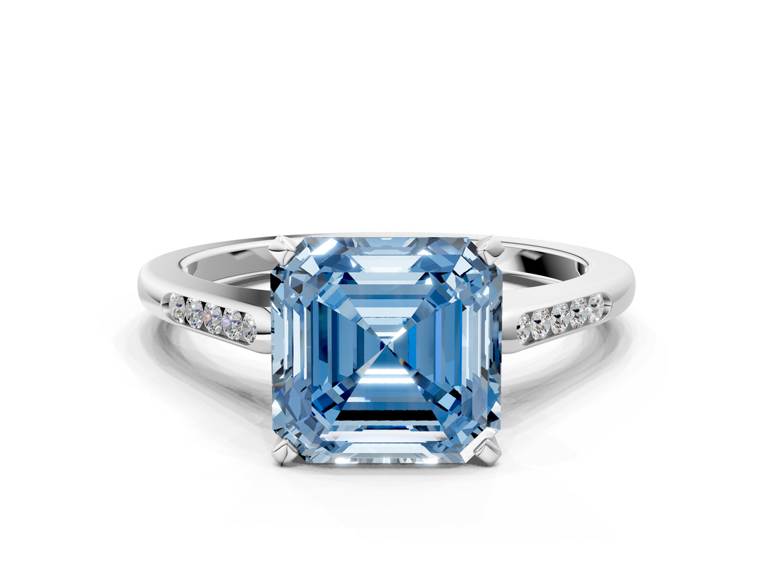 White gold Fancy Blue Asscher  Cut Channel Set Solitaire Engagement Ring with Four-Prong Setting