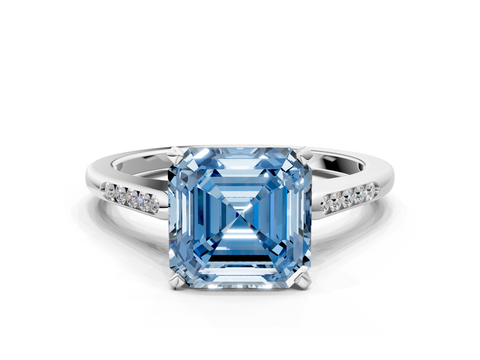 White gold Fancy Blue Asscher  Cut Channel Set Solitaire Engagement Ring with Four-Prong Setting