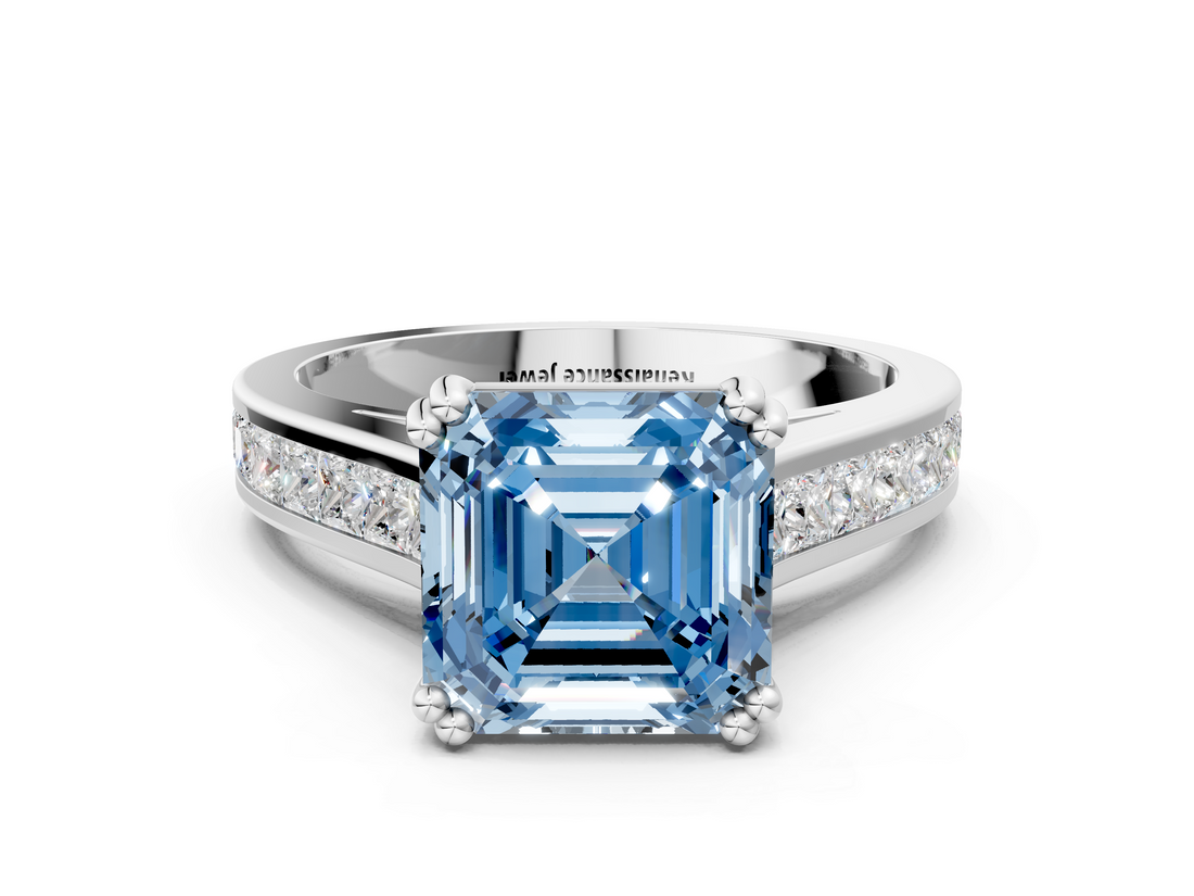White gold Fancy Blue Asscher  Cut Channel Set Solitaire Engagement Ring with Prong Setting