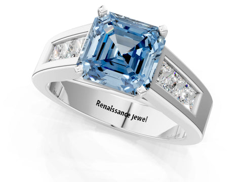 White gold Fancy Blue Asscher Cut Cut Channel Set Solitaire Ring with Four-Prong Setting_1