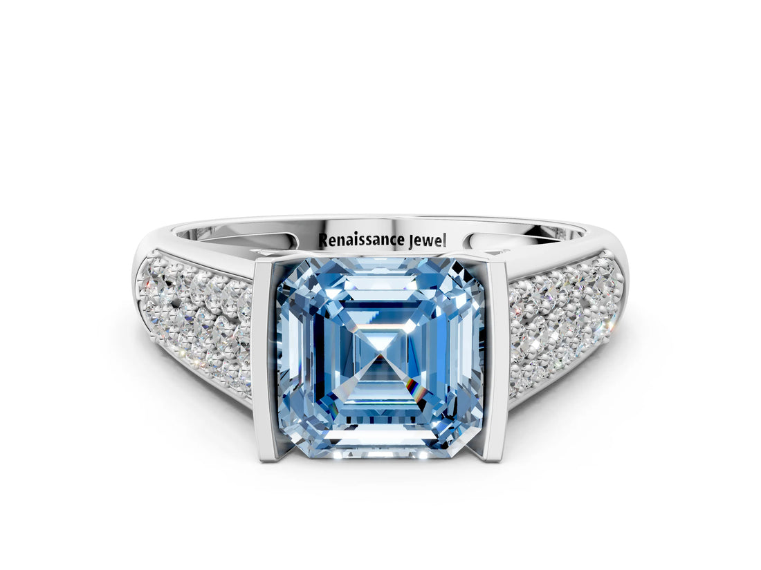 White gold Fancy Blue Asscher Cut Cut Diamond Channel Set Pave Band with Tension Prong Setting