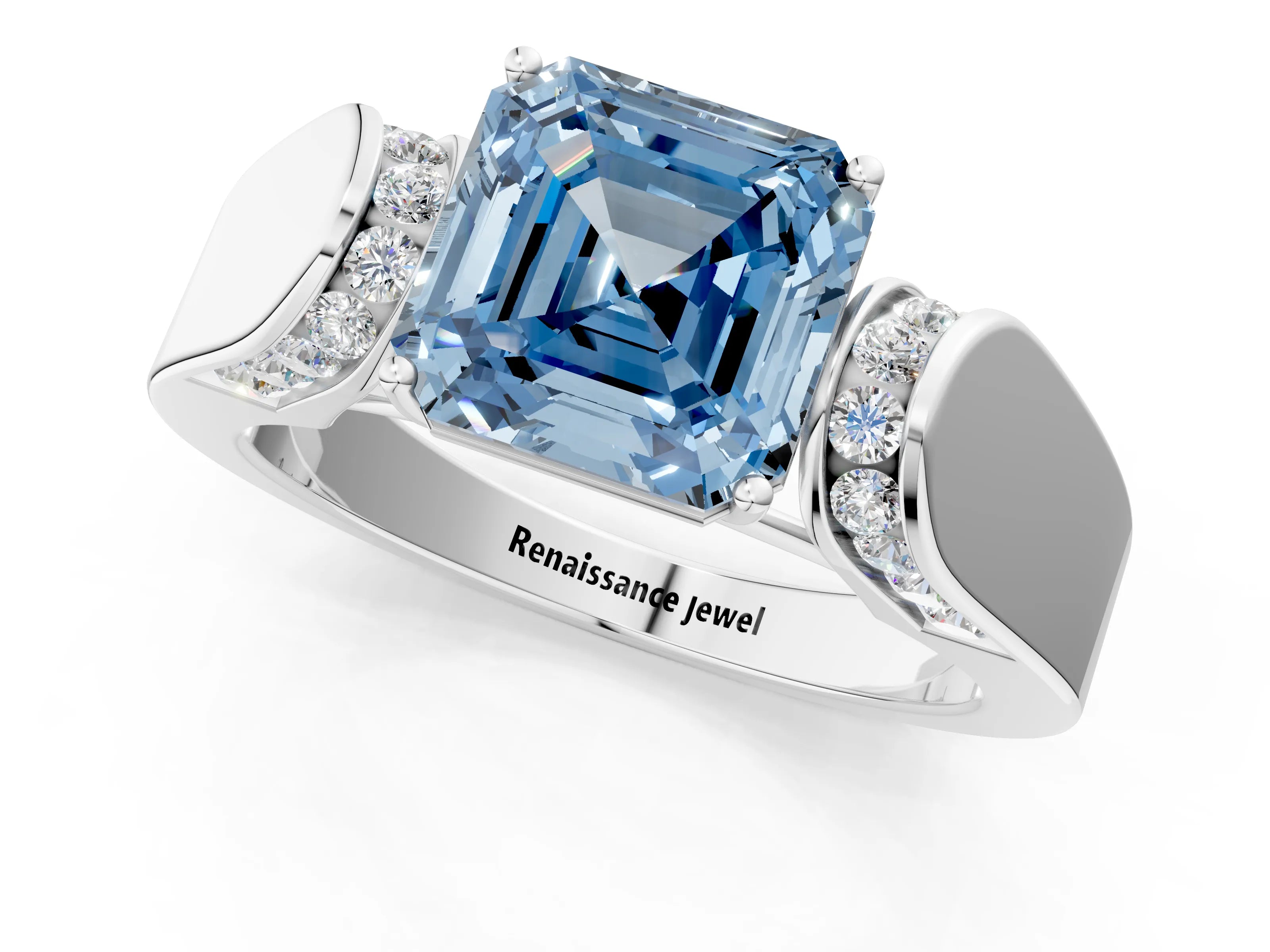 White gold Fancy Blue Asscher Cut Cut Diamond Channel Set Solitaire Ring with Four-Prong Setting_1