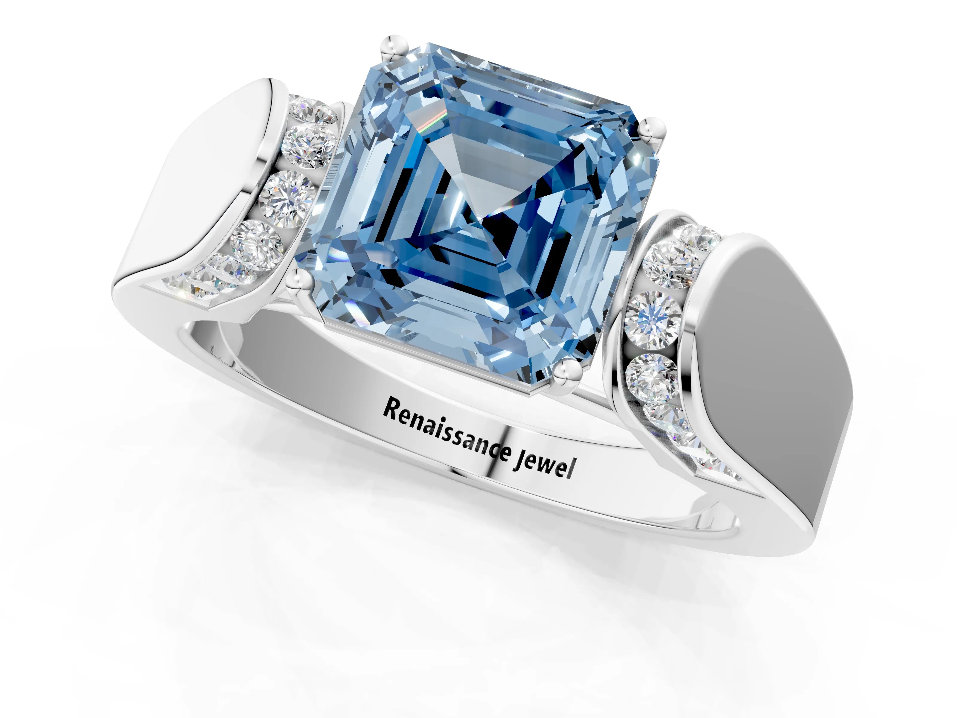 White gold Fancy Blue Asscher Cut Cut Diamond Channel Set Solitaire Ring with Four-Prong Setting_103