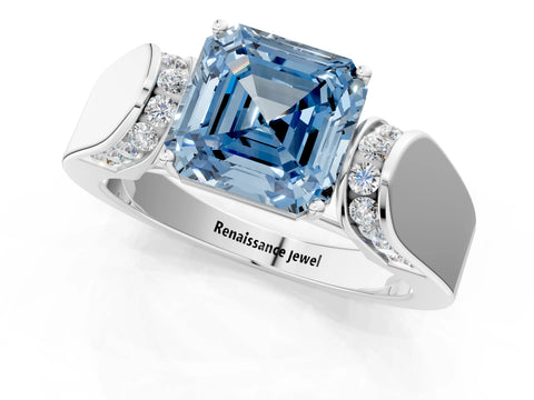 White gold Fancy Blue Asscher Cut Cut Diamond Channel Set Solitaire Ring with Four-Prong Setting_103