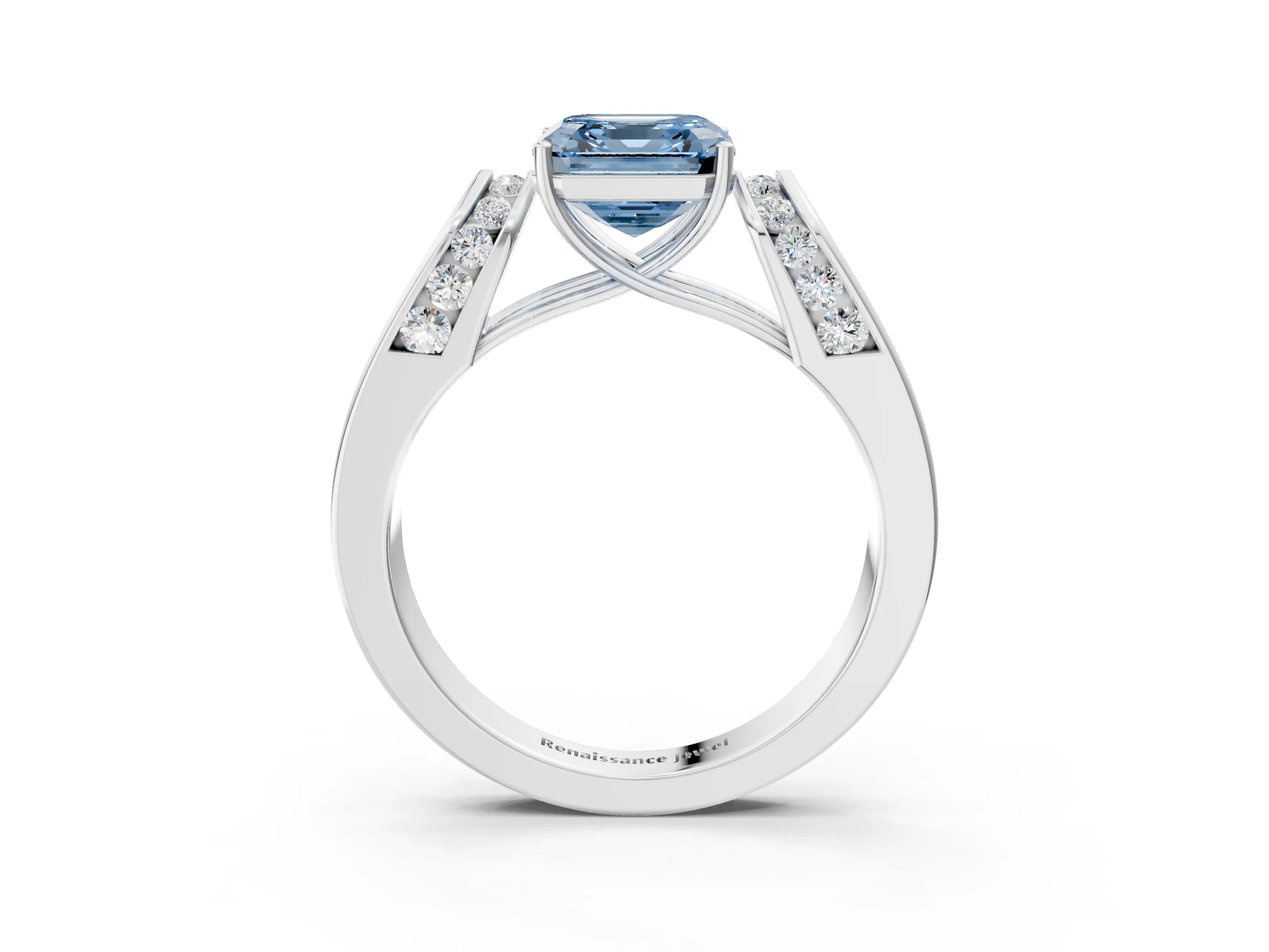 White gold Fancy Blue Asscher Cut Cut Diamond Channel Set Solitaire Ring with Four-Prong Setting_3