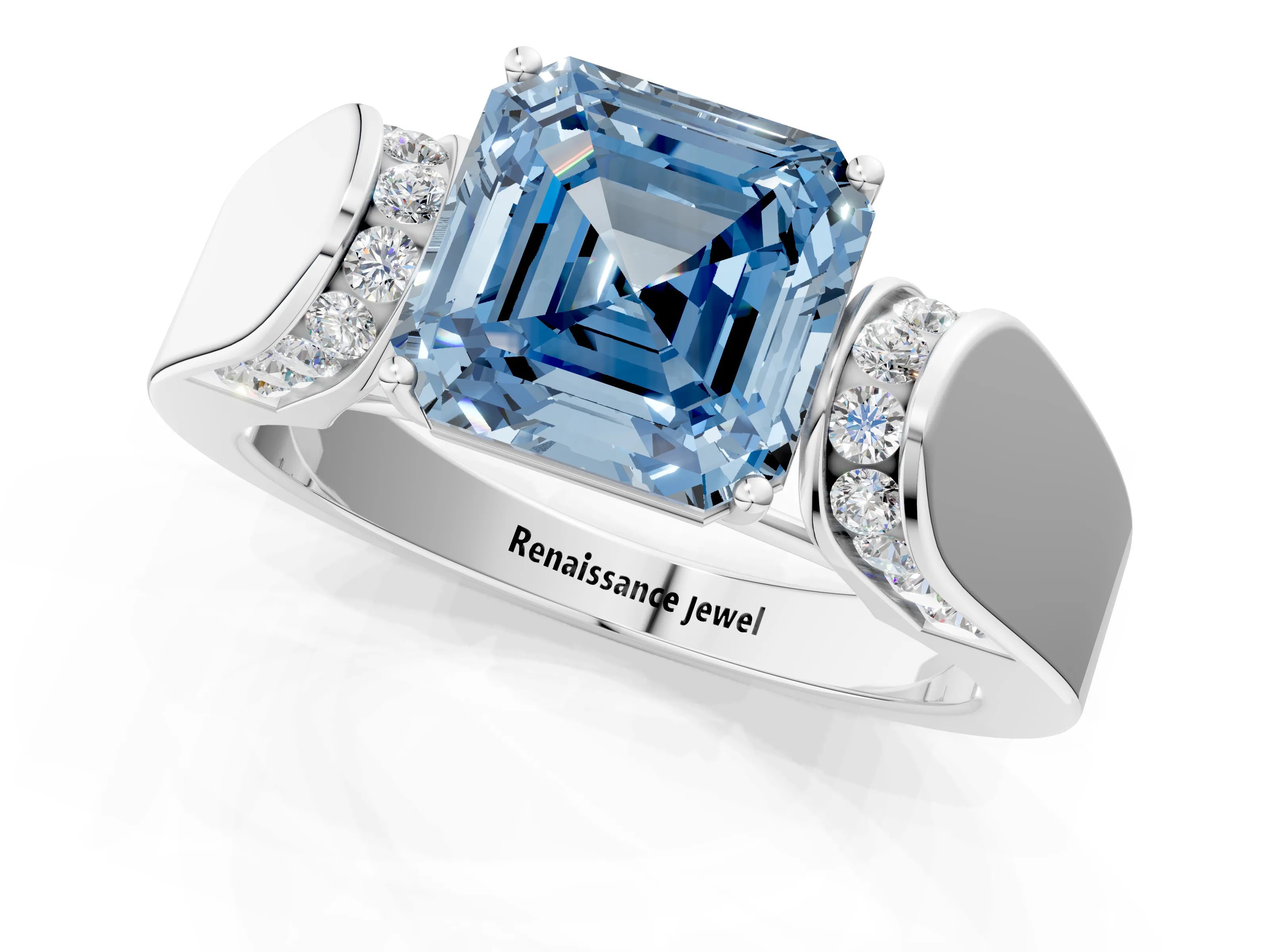 White gold Fancy Blue Asscher Cut Cut Diamond Channel Set Solitaire Ring with Four-Prong Setting_61