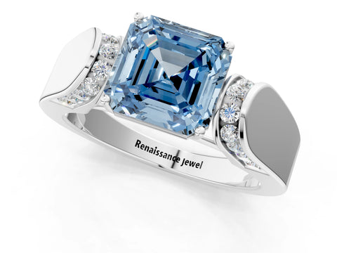 White gold Fancy Blue Asscher Cut Cut Diamond Channel Set Solitaire Ring with Four-Prong Setting_99