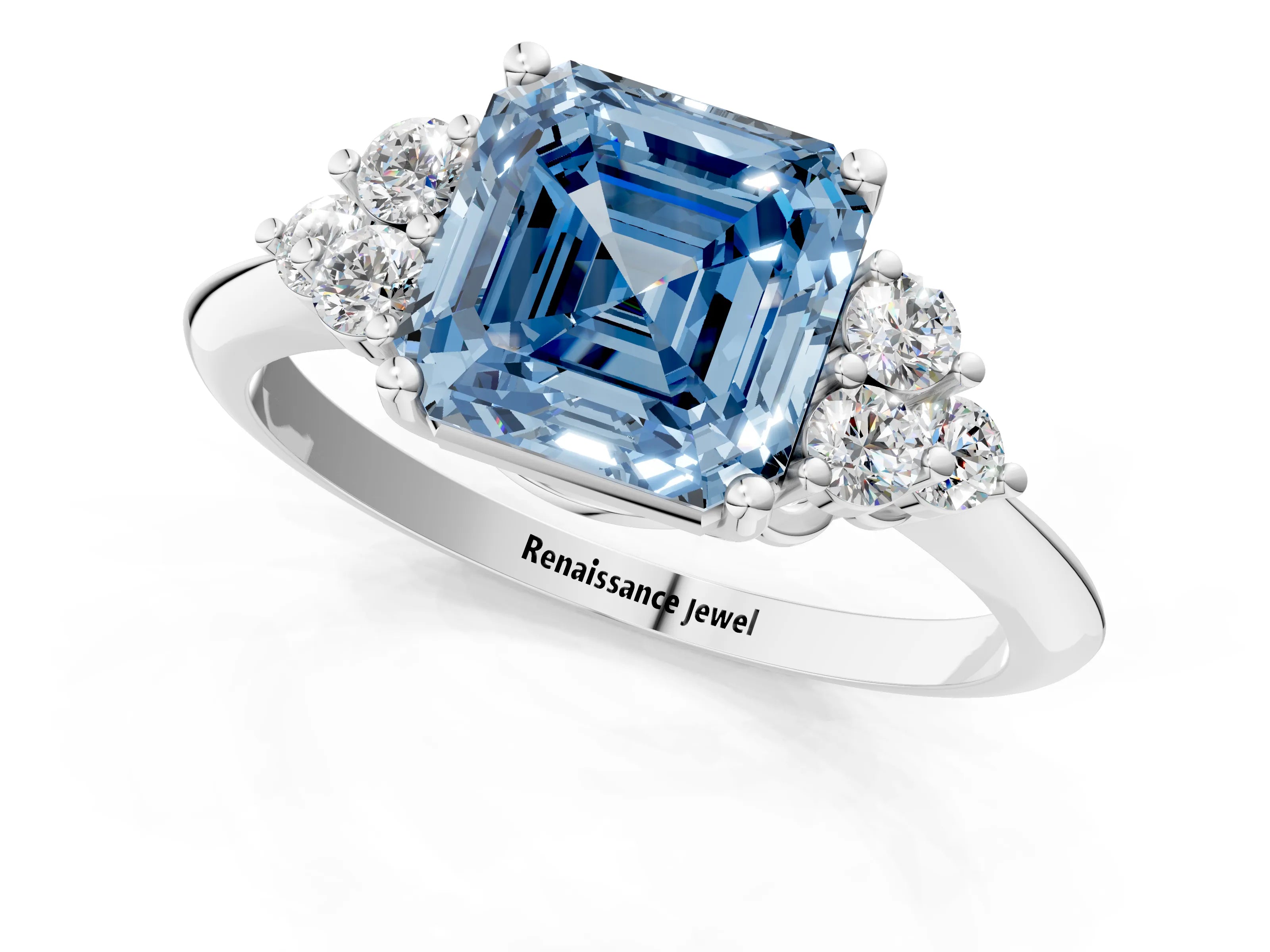 White gold Fancy Blue Asscher Cut Cut Diamond Cluster Ring with Solitaire Band and Four-Prong Setting_1