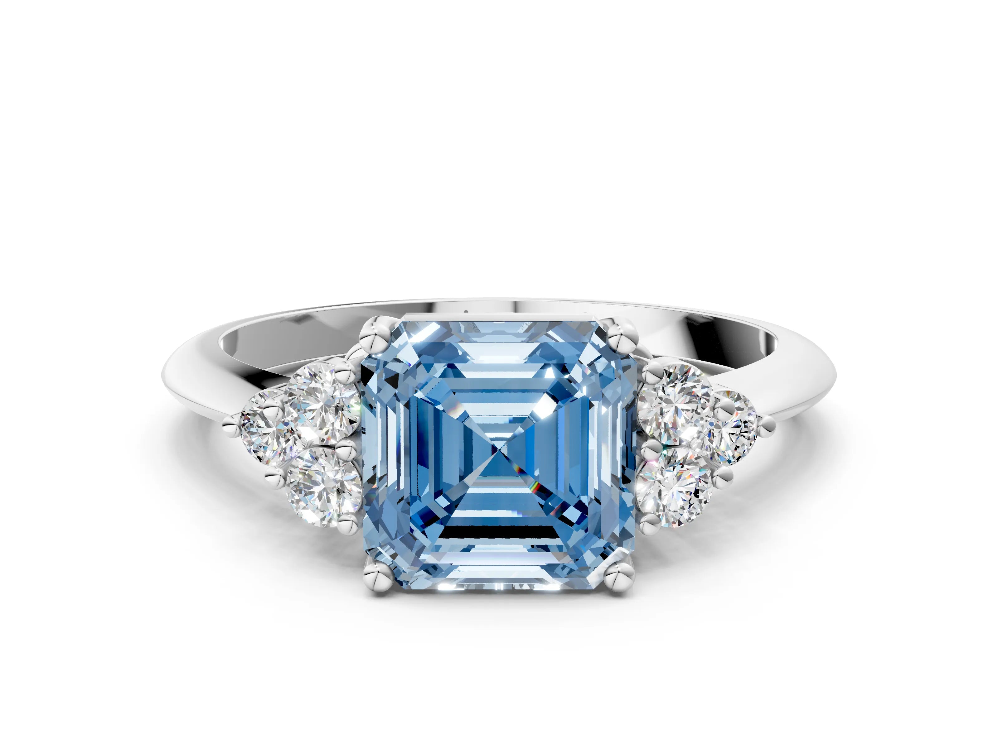 White gold Fancy Blue Asscher Cut Cut Diamond Cluster Ring with Solitaire Band and Four-Prong Setting