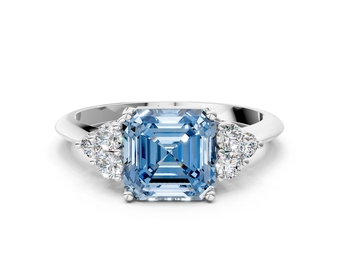 White gold Fancy Blue Asscher Cut Cut Diamond Cluster Ring with Solitaire Band and Four-Prong Setting_30