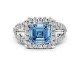 White gold Fancy Blue Asscher Cut Cut Diamond Halo Engagement Ring with Open Split Pavé Band