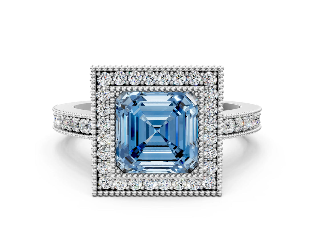 White gold Fancy Blue Asscher Cut-Cut Diamond Halo Engagement Ring with Pave Band and Prong Setting