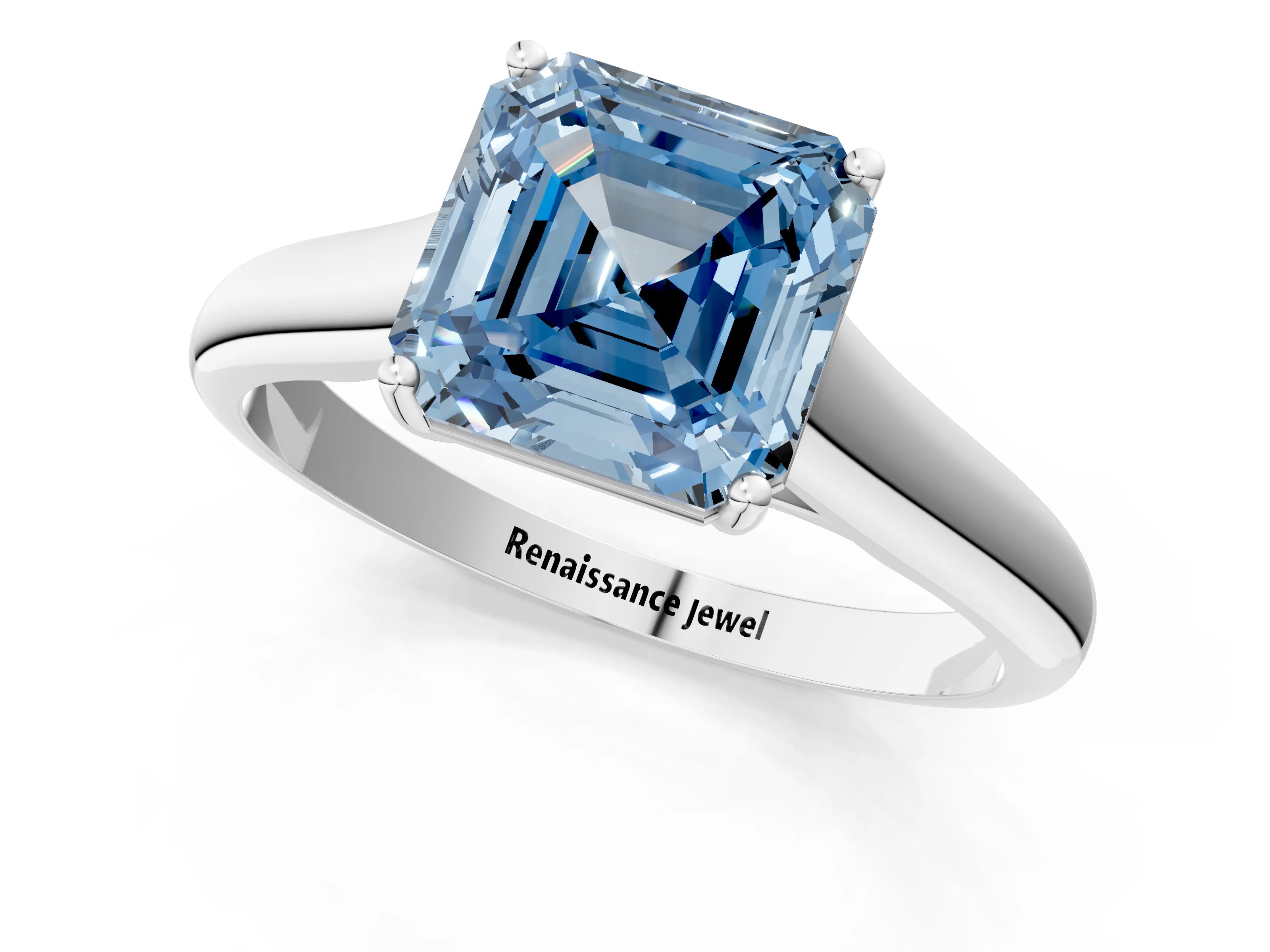 White gold Fancy Blue Asscher Cut Cut Diamond Solitaire Engagement Ring with Tapered Plain Band and Four-Prong Setting_1