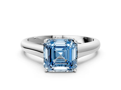 White gold Fancy Blue Asscher Cut Cut Diamond Solitaire Engagement Ring with Tapered Plain Band and Four-Prong Setting