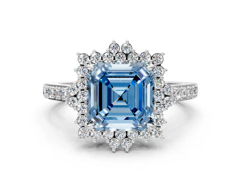 White gold Fancy Blue Asscher Cut Cut Diamond Sunburst Halo Engagement Ring with Pavé Band
