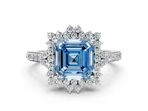 White gold Fancy Blue Asscher Cut Cut Diamond Sunburst Halo Engagement Ring with Pavé Band