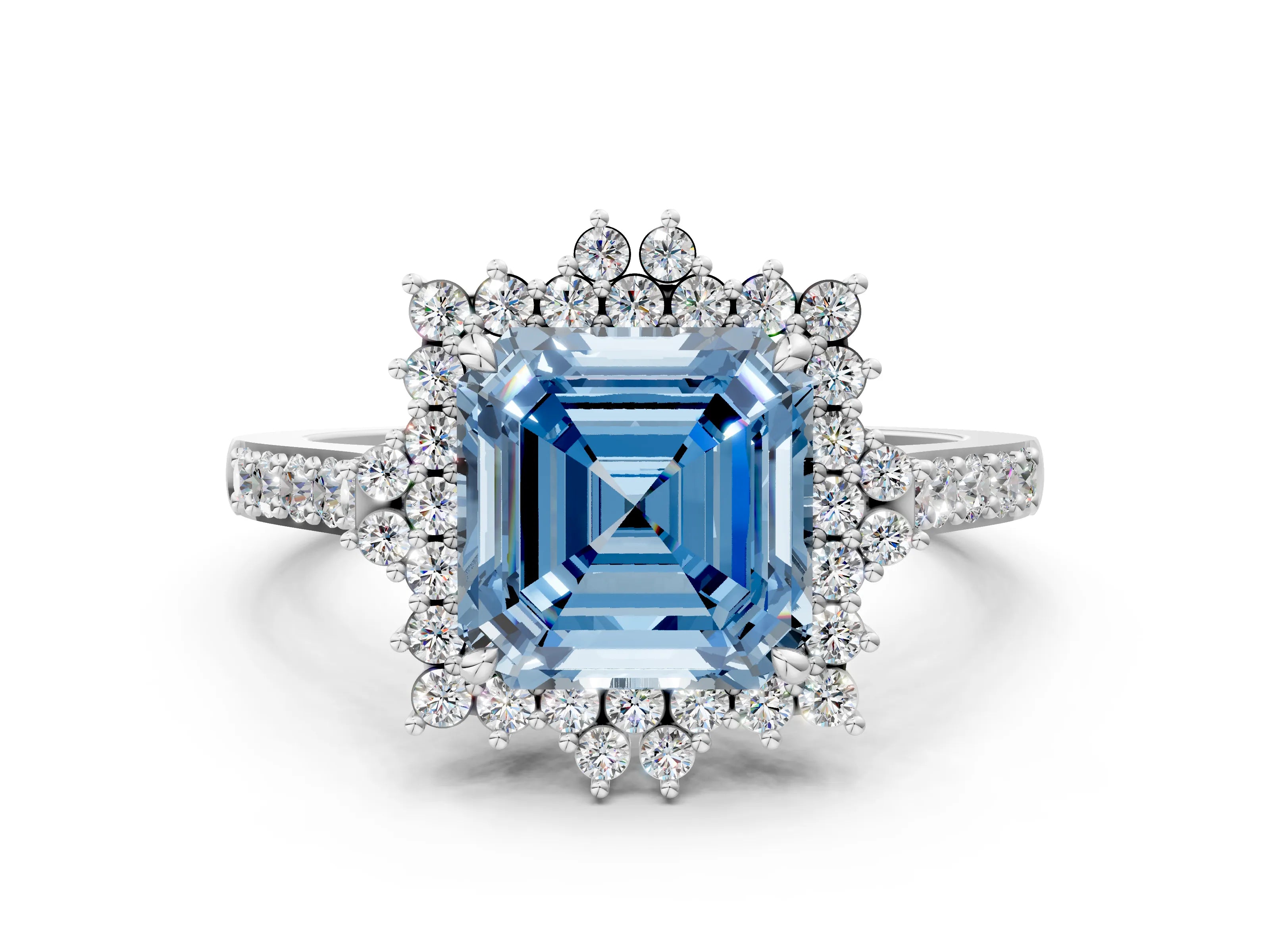 White gold Fancy Blue Asscher Cut Cut Diamond Sunburst Halo Engagement Ring with Pavé Band_12