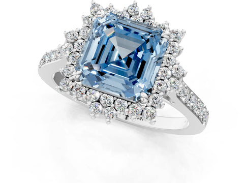White gold Fancy Blue Asscher Cut Cut Diamond Sunburst Halo Engagement Ring with Pavé Band_13