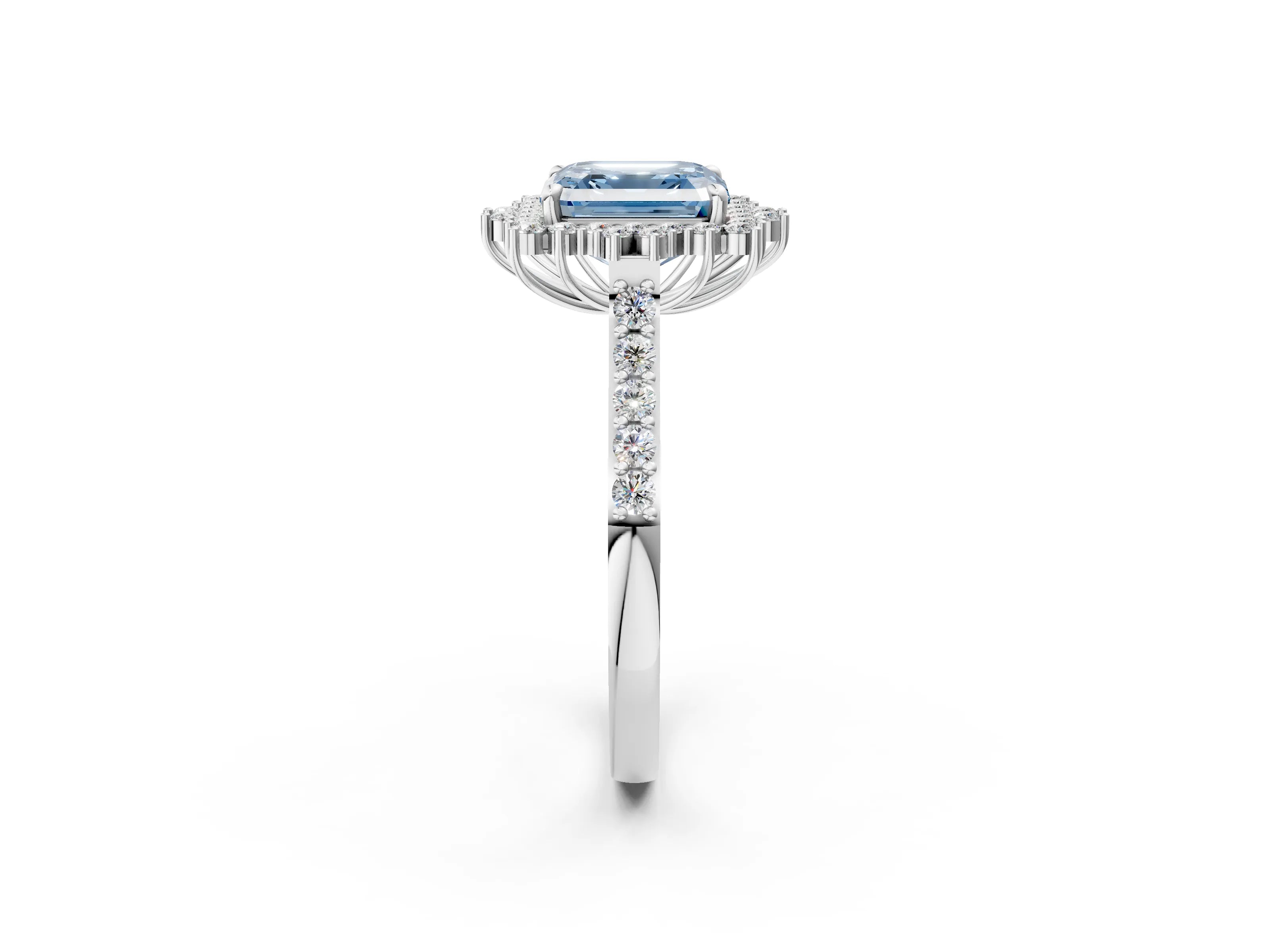 White gold Fancy Blue Asscher Cut Cut Diamond Sunburst Halo Engagement Ring with Pavé Band_14