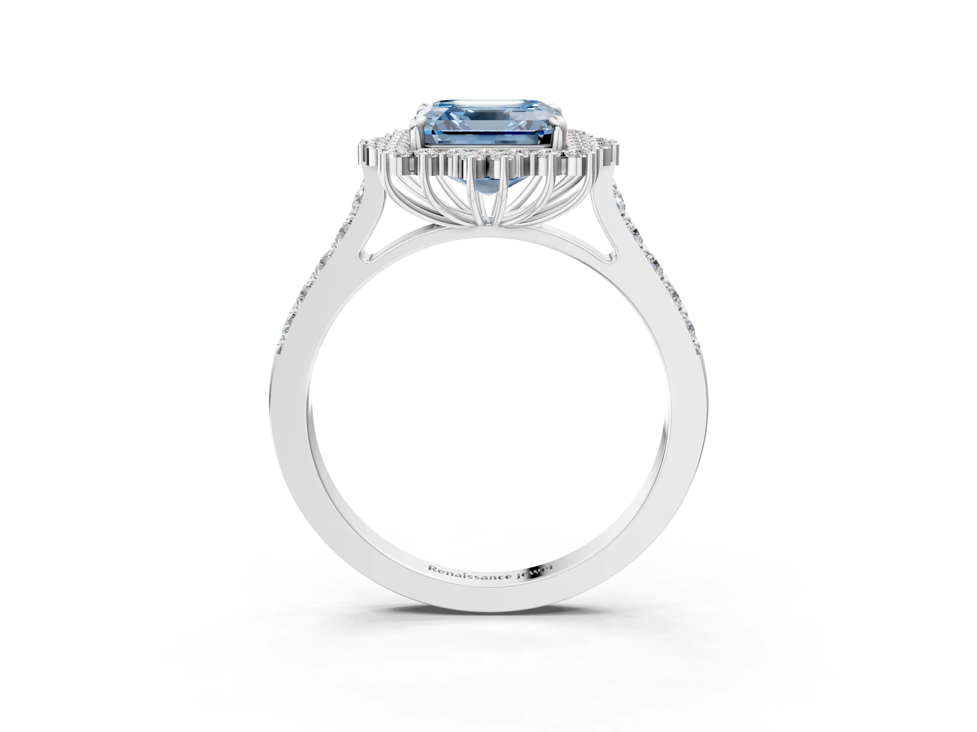 White gold Fancy Blue Asscher Cut Cut Diamond Sunburst Halo Engagement Ring with Pavé Band_15