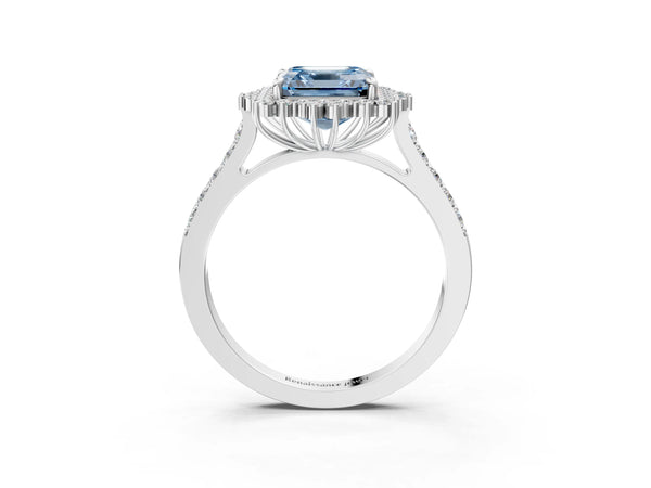 White gold Fancy Blue Asscher Cut Cut Diamond Sunburst Halo Engagement Ring with Pavé Band