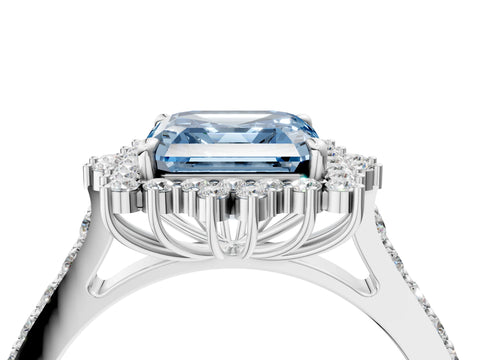 White gold Fancy Blue Asscher Cut Cut Diamond Sunburst Halo Engagement Ring with Pavé Band_16