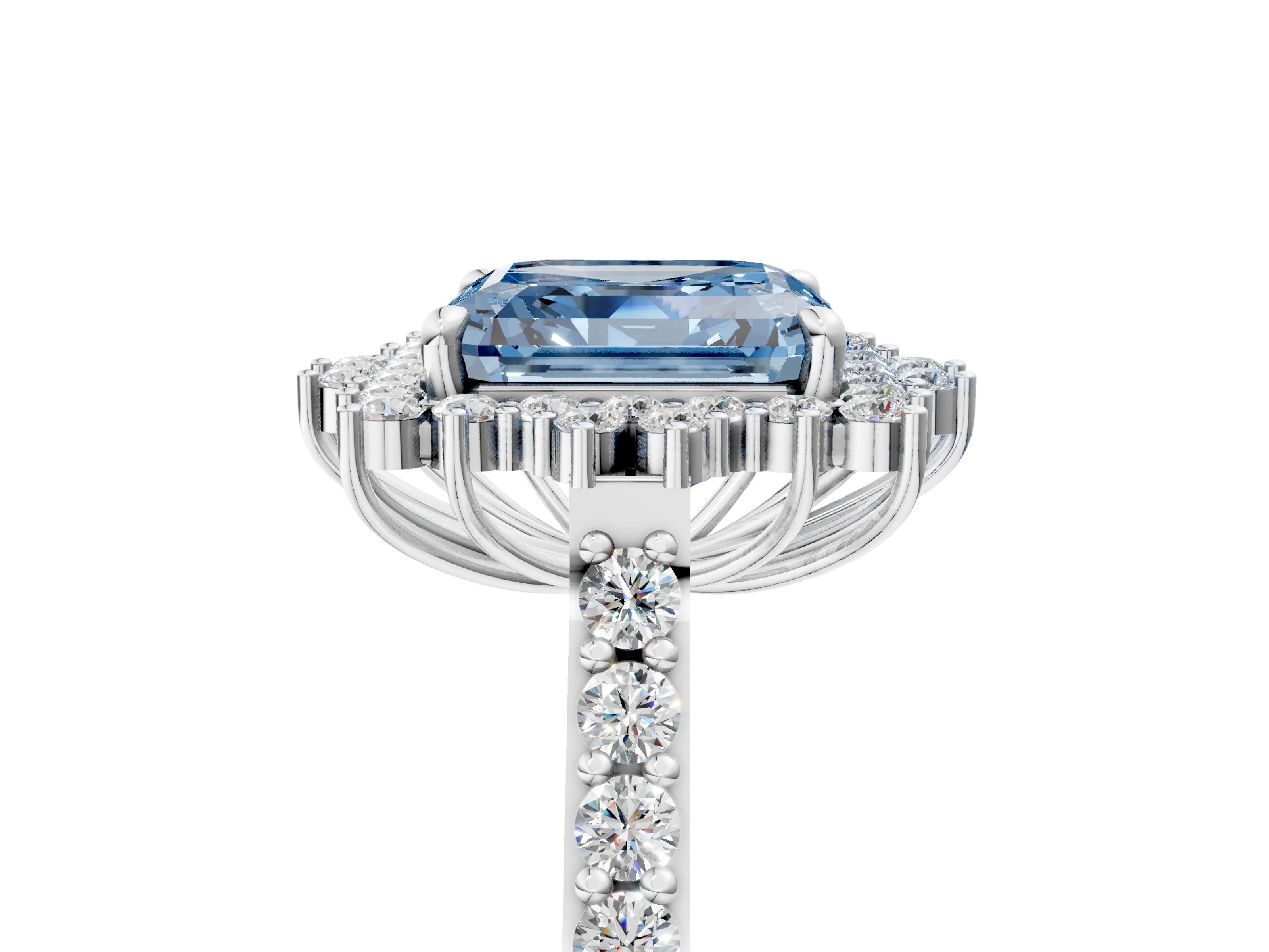 White gold Fancy Blue Asscher Cut Cut Diamond Sunburst Halo Engagement Ring with Pavé Band_17