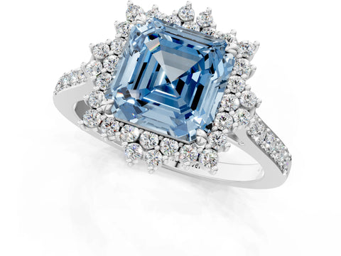 White gold Fancy Blue Asscher Cut Cut Diamond Sunburst Halo Engagement Ring with Pavé Band_1