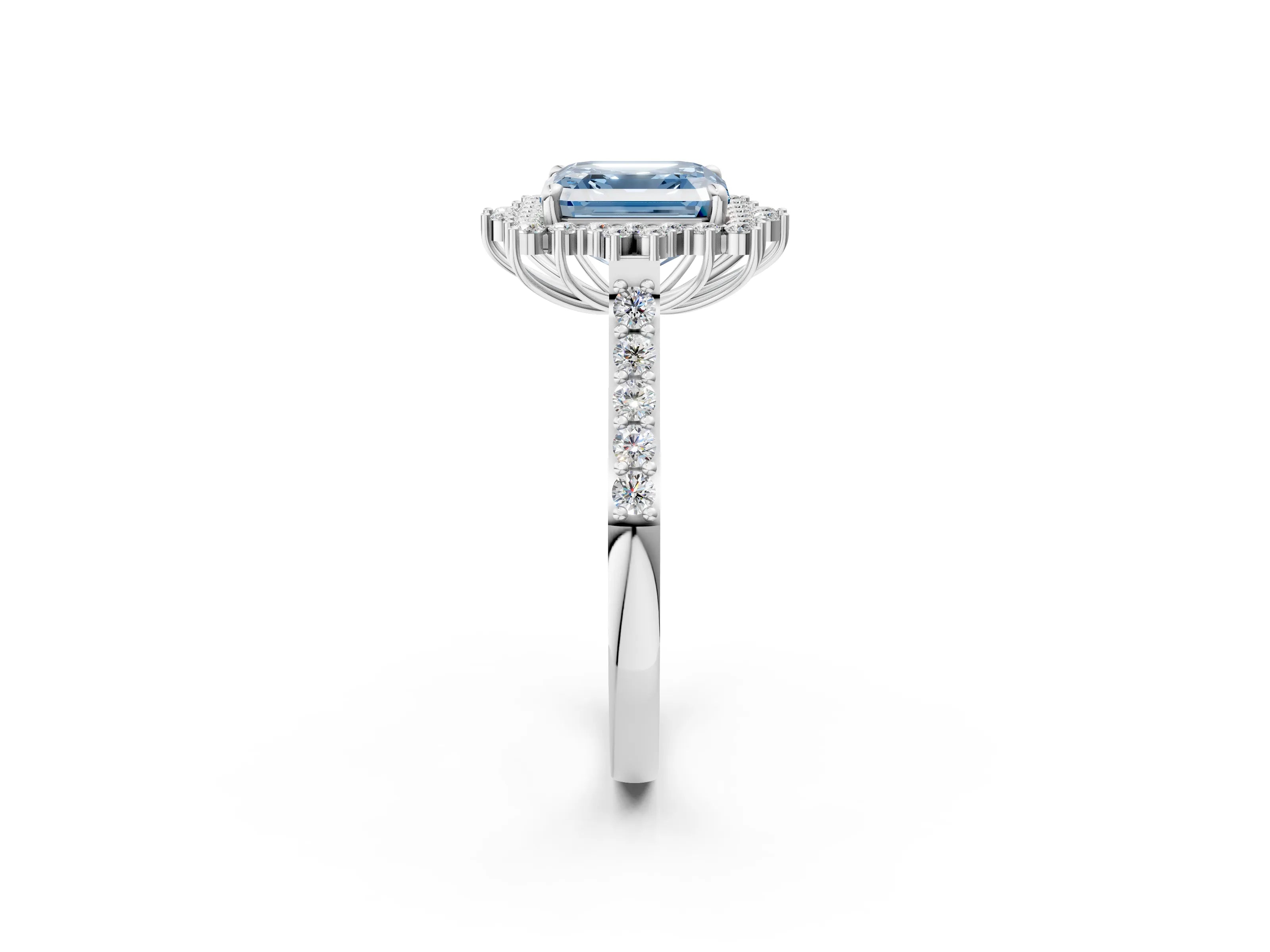 White gold Fancy Blue Asscher Cut Cut Diamond Sunburst Halo Engagement Ring with Pavé Band_2
