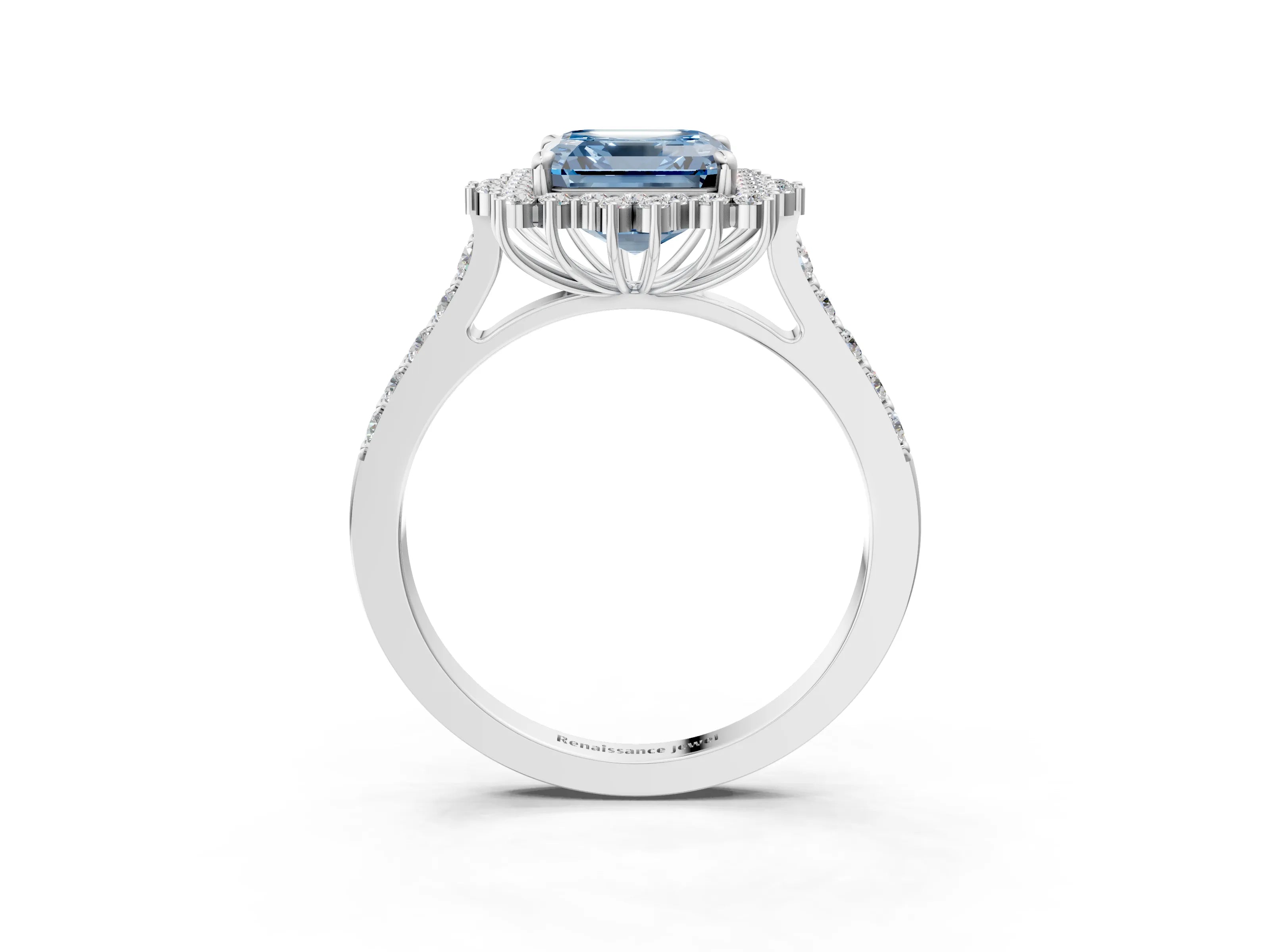 White gold Fancy Blue Asscher Cut Cut Diamond Sunburst Halo Engagement Ring with Pavé Band_3