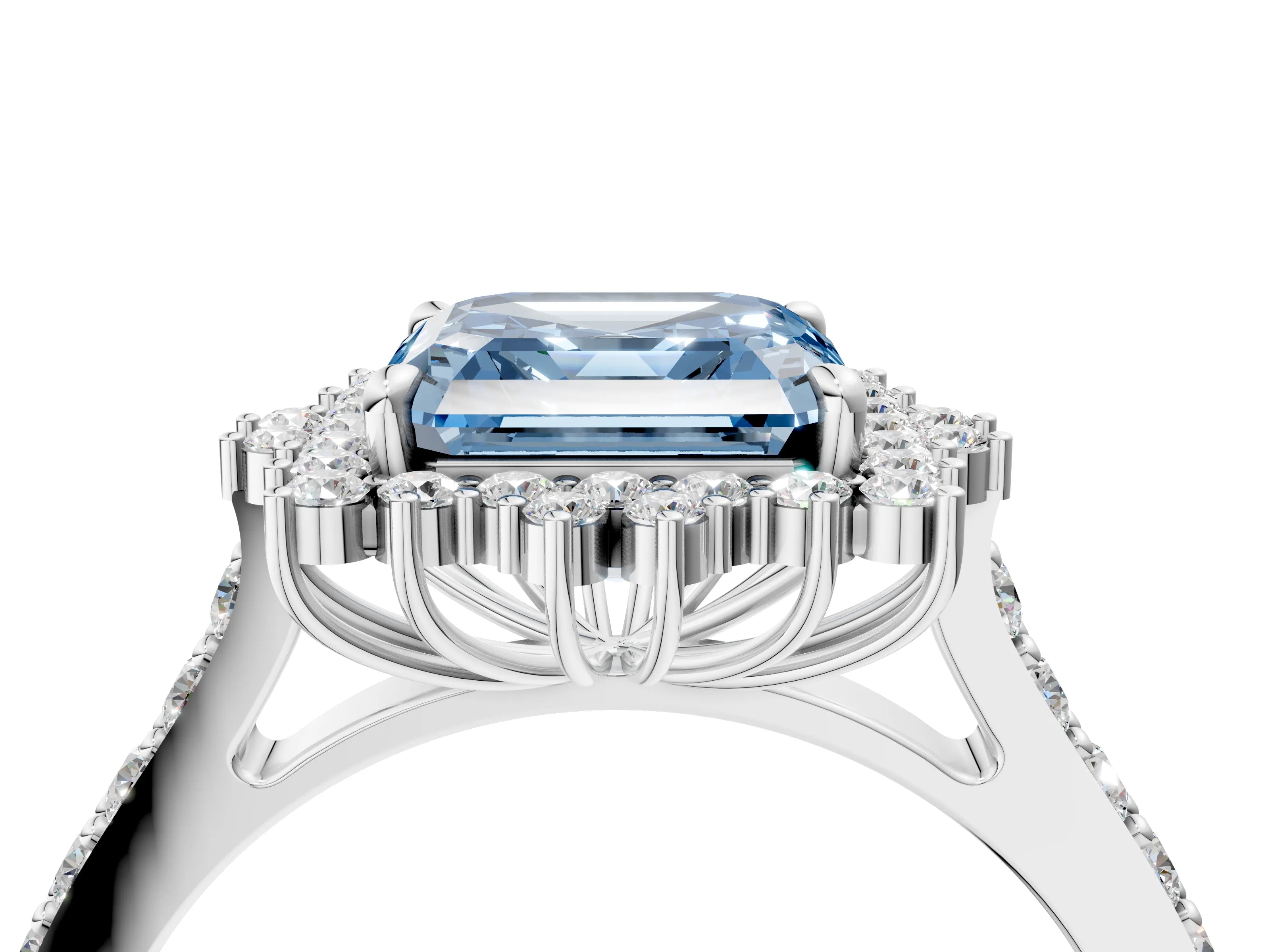 White gold Fancy Blue Asscher Cut Cut Diamond Sunburst Halo Engagement Ring with Pavé Band_4