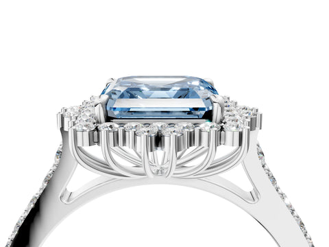 White gold Fancy Blue Asscher Cut Cut Diamond Sunburst Halo Engagement Ring with Pavé Band_4