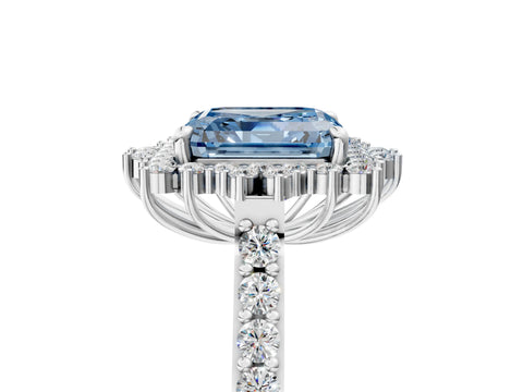 White gold Fancy Blue Asscher Cut Cut Diamond Sunburst Halo Engagement Ring with Pavé Band_5