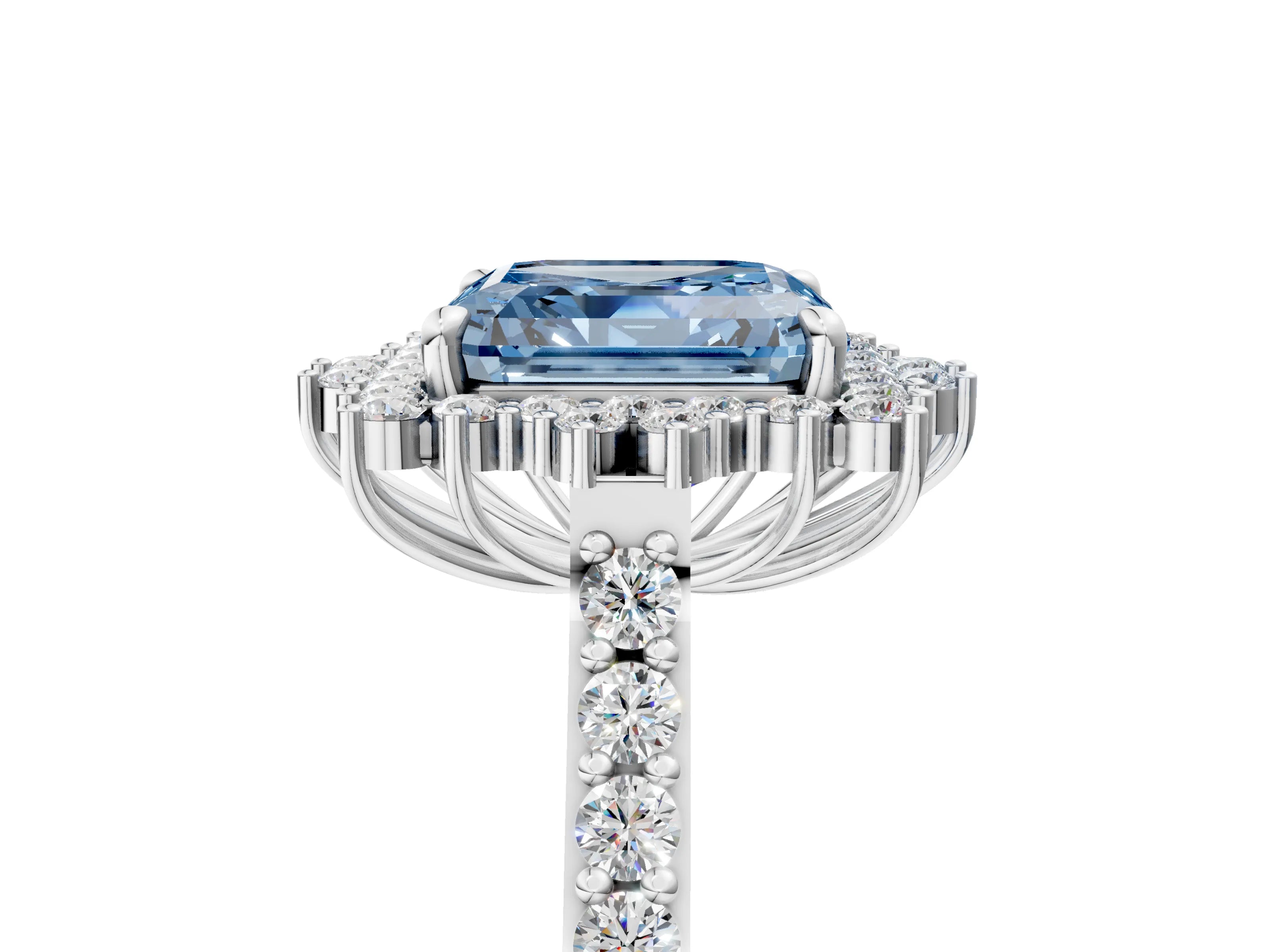 White gold Fancy Blue Asscher Cut Cut Diamond Sunburst Halo Engagement Ring with Pavé Band_5