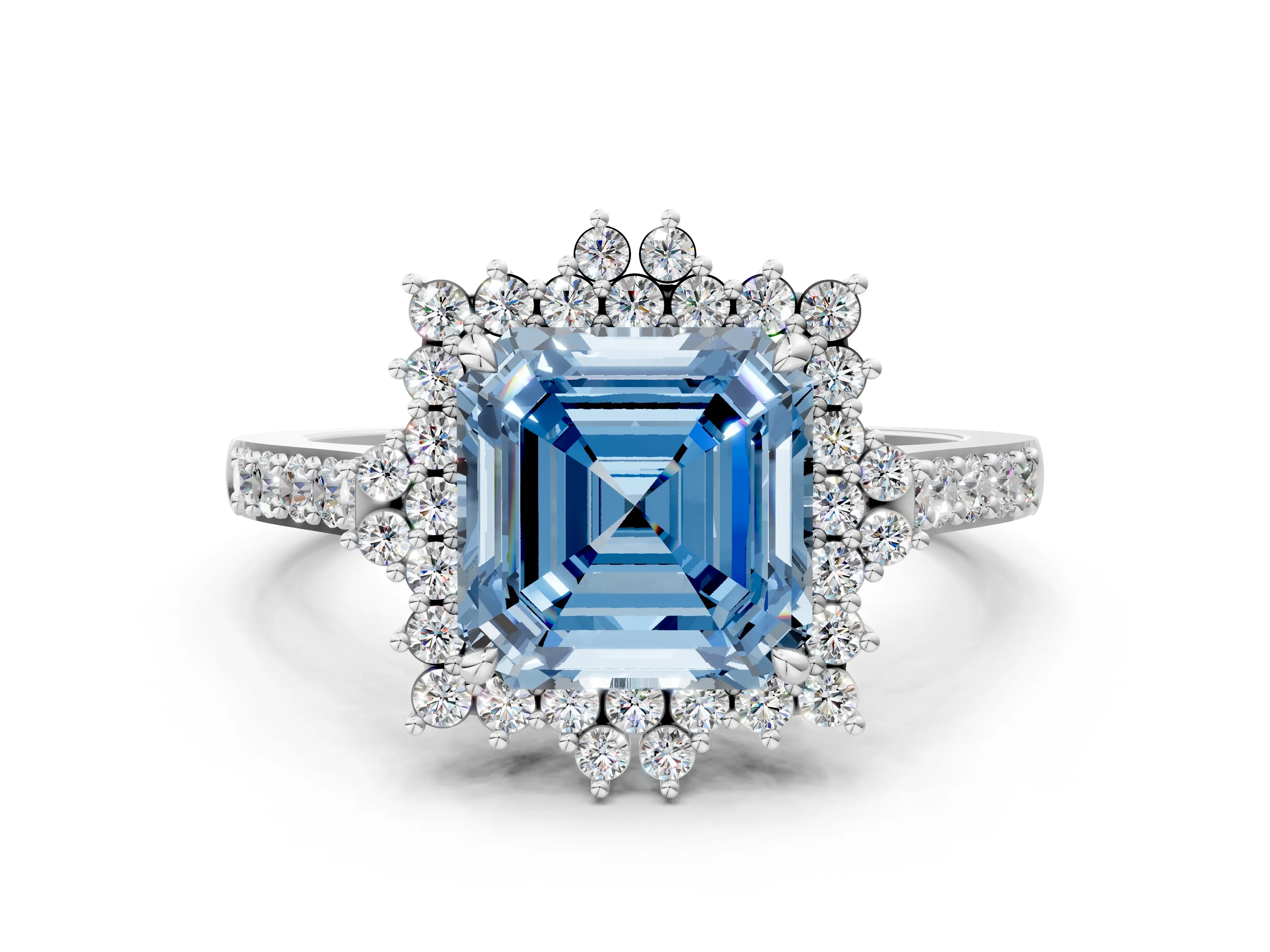 White gold Fancy Blue Asscher Cut Cut Diamond Sunburst Halo Engagement Ring with Pavé Band