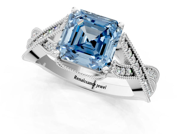 Platinum Fancy Blue Asscher Cut Cut Diamond Twisted Band with Milgrain Pave Setting and Four-Prong Setting